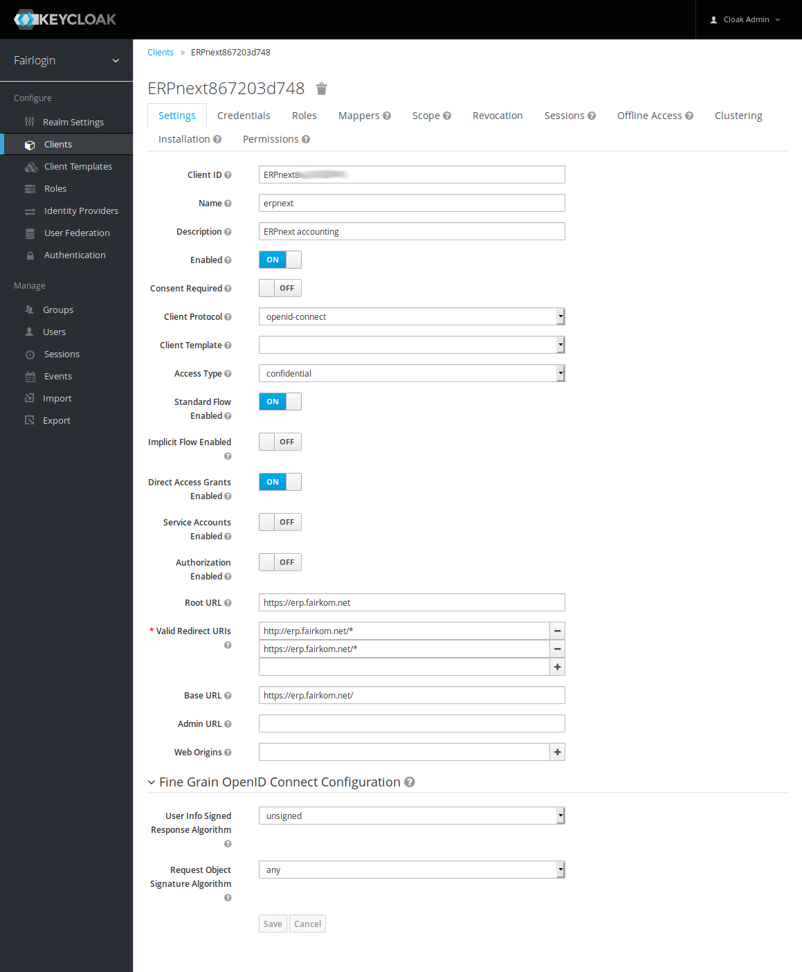 ERPnext keycloak Settings