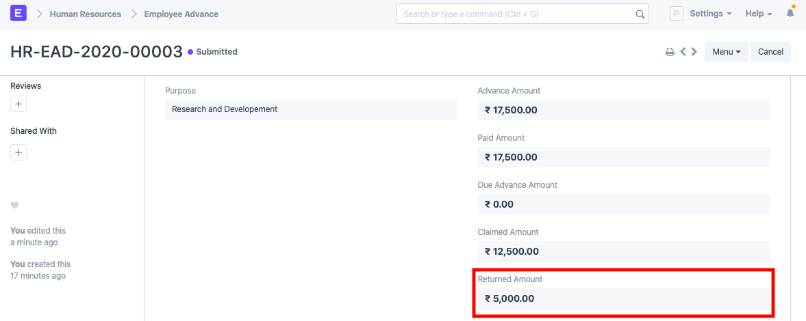 Return advance Amount