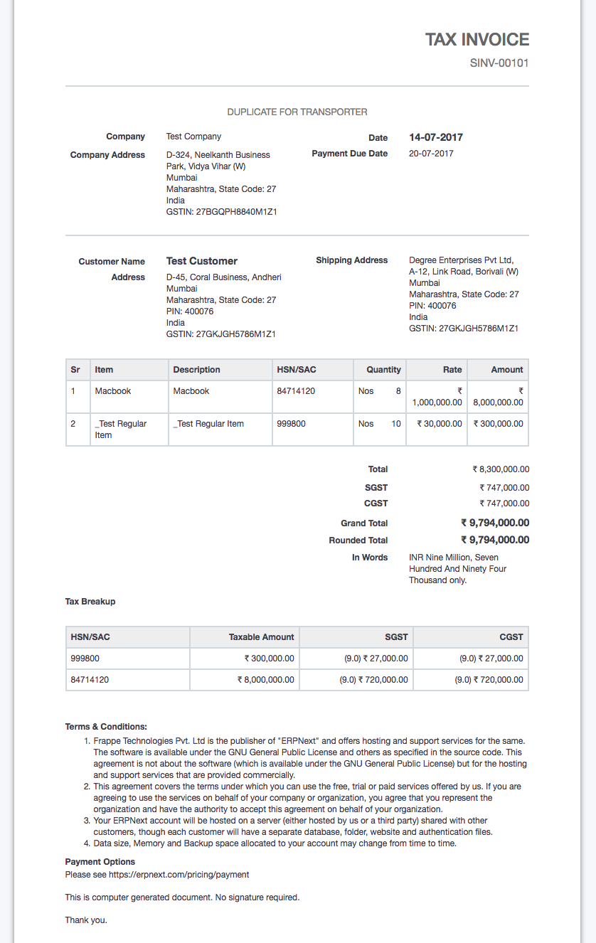 Sample GST Tax Invoice