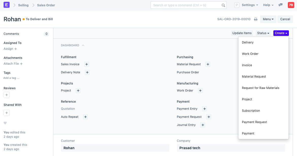 Actions from Submitted Sales Order