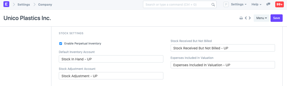 Stock Settings in Company