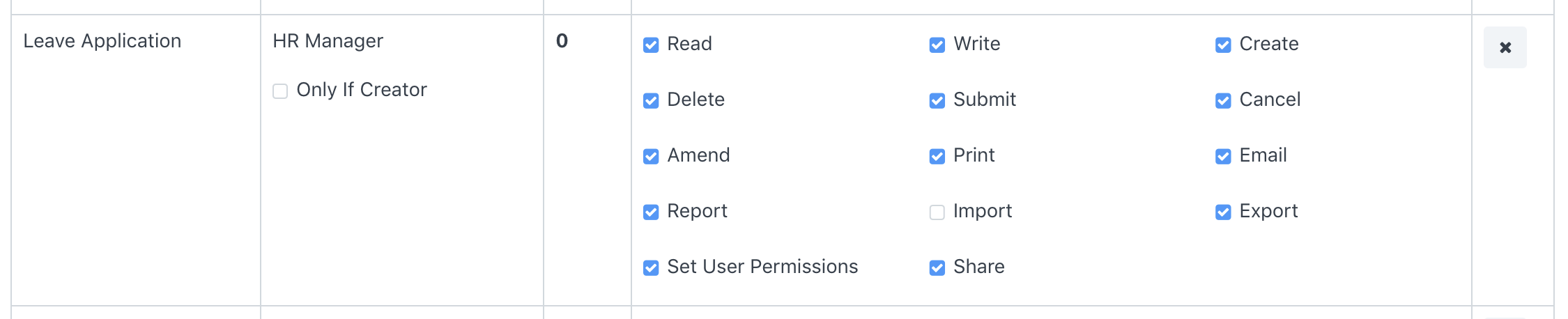 Giving Submit and Cancel permissions to HR Manager for Leave Applications. 'Apply User Permissions' is unchecked to give full access.