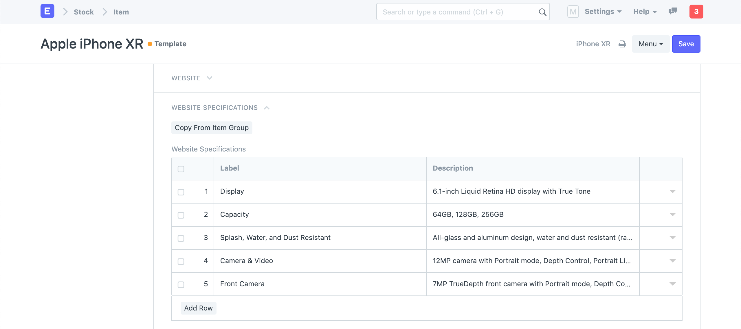 Item Website Specifications