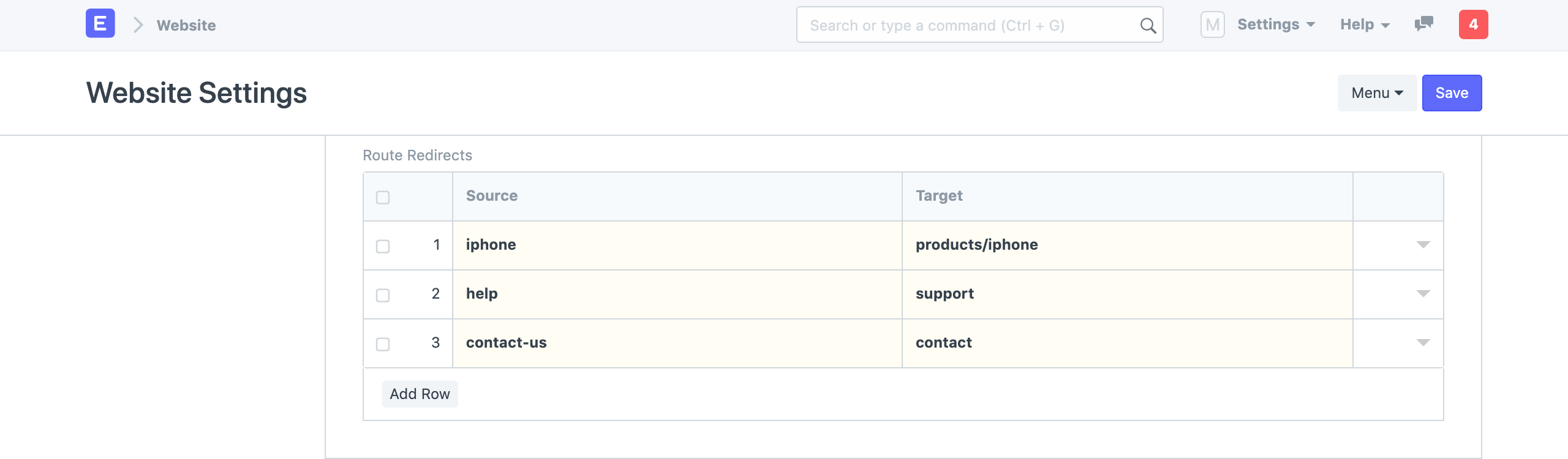 Configurações do Site - Routes Redirects